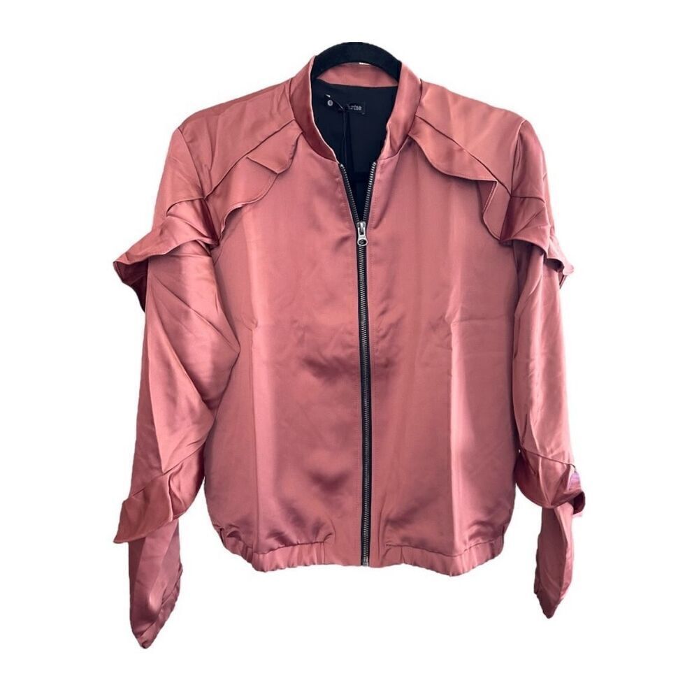 Revolve Krisa Los Angeles Ruffle Bomber Satin Jacket in Copper Size M